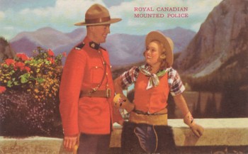 Featured is a postcard image of Canada's Royal Mounted Police and the Canadian Rockies, circa 1940s.  The original unused postcard is for sale in The unltd.com Store.